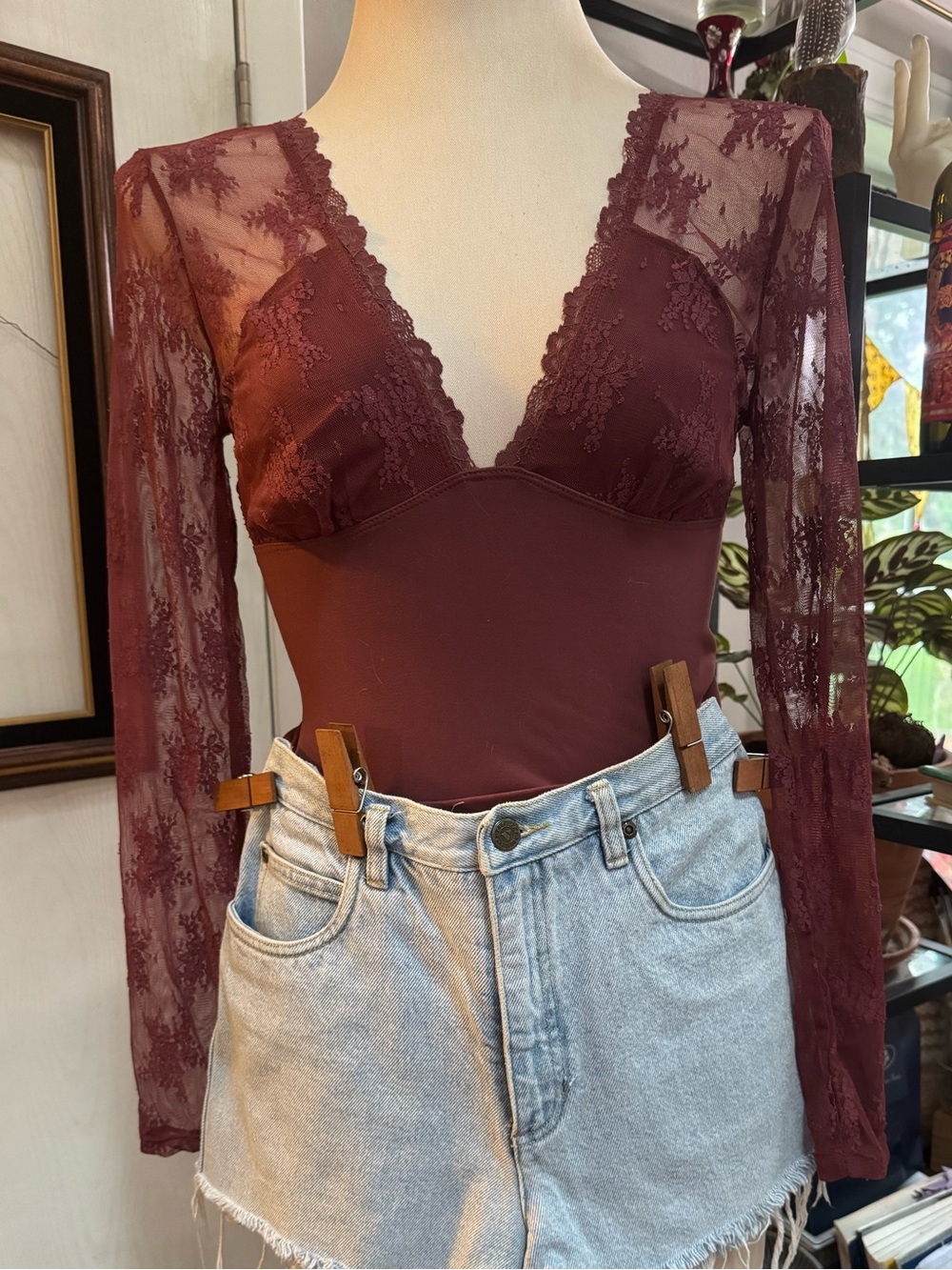 Free People Burgundy Lace-Trim Long Sleeve Top